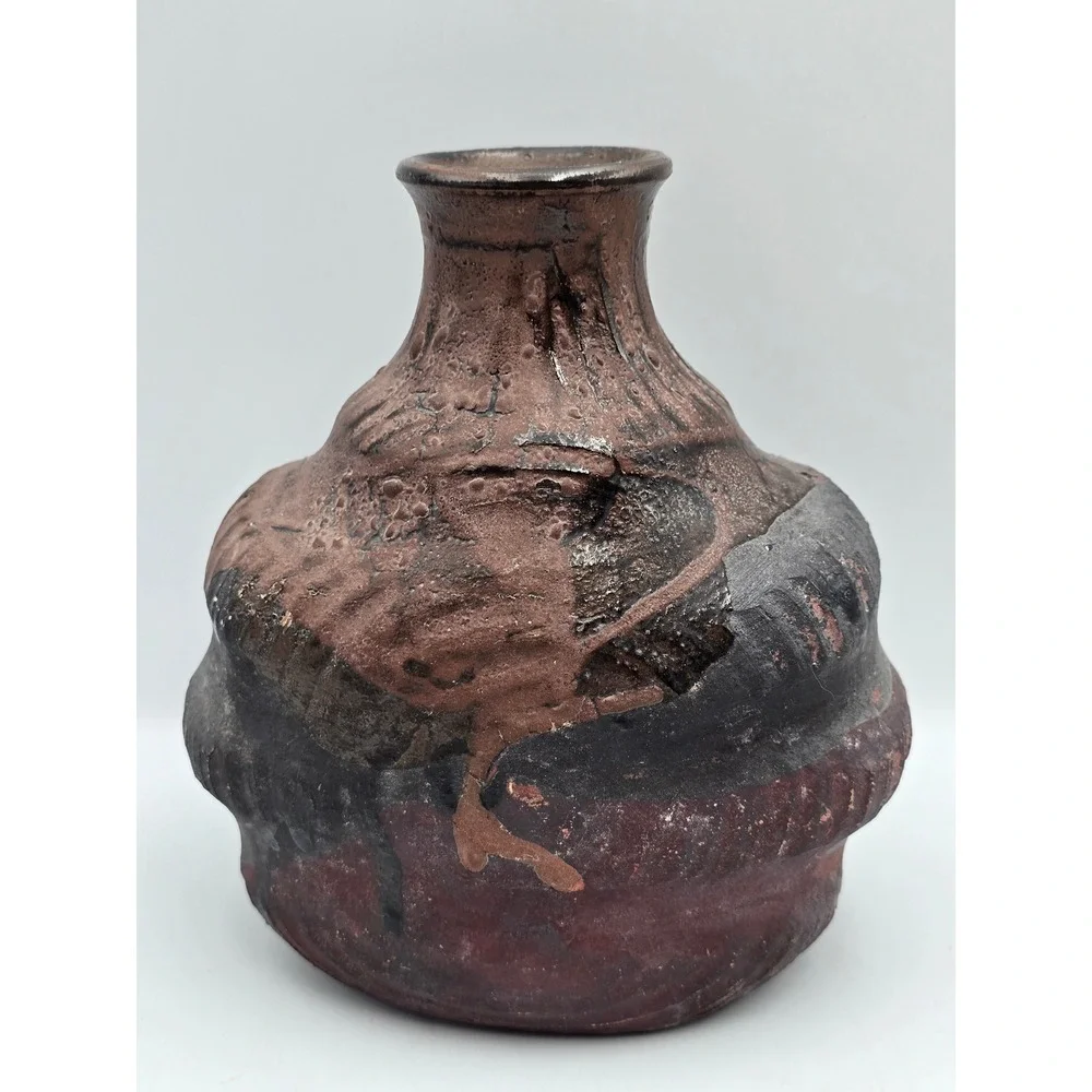M Casper Studio Pottery Vase Art 7.5in Brown Black‎ Excellent Brutalist 1987